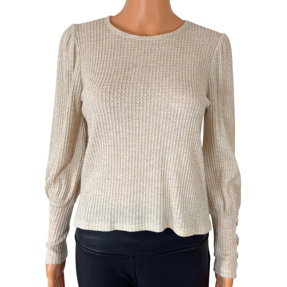 Aqua Girls Oatmeal Beige Waffle Knit Puff Sleeve Lace Up Cuff Top Large L